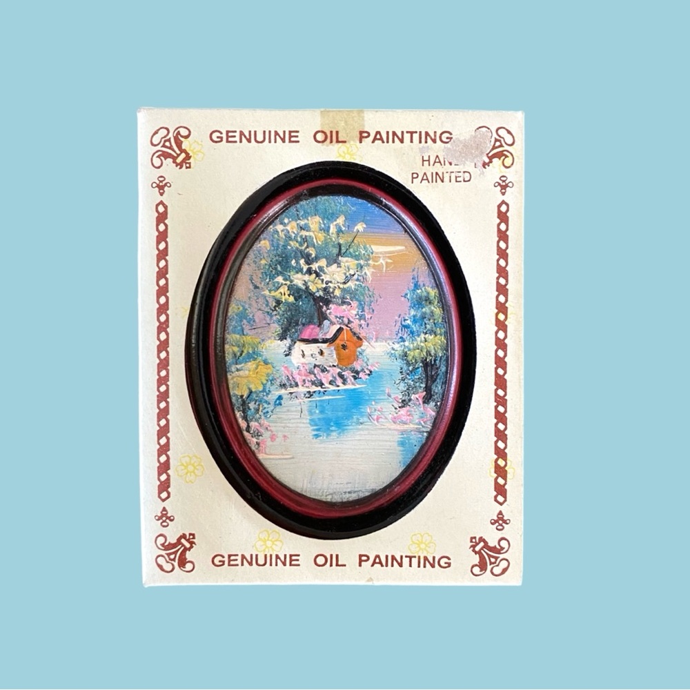 Miniature MCM Hand Painted 60s Oil Painting Landscape Oval Frame Original Box
